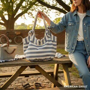 American Eagle Striped Canvas Tote Bag With Knotted Handles & Spacious Interior